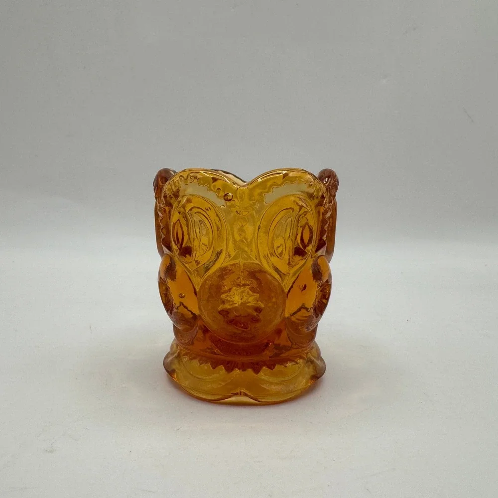 L.E. Smith Moon and Star Toothpick Holder Amber Glass Vintage Pressed